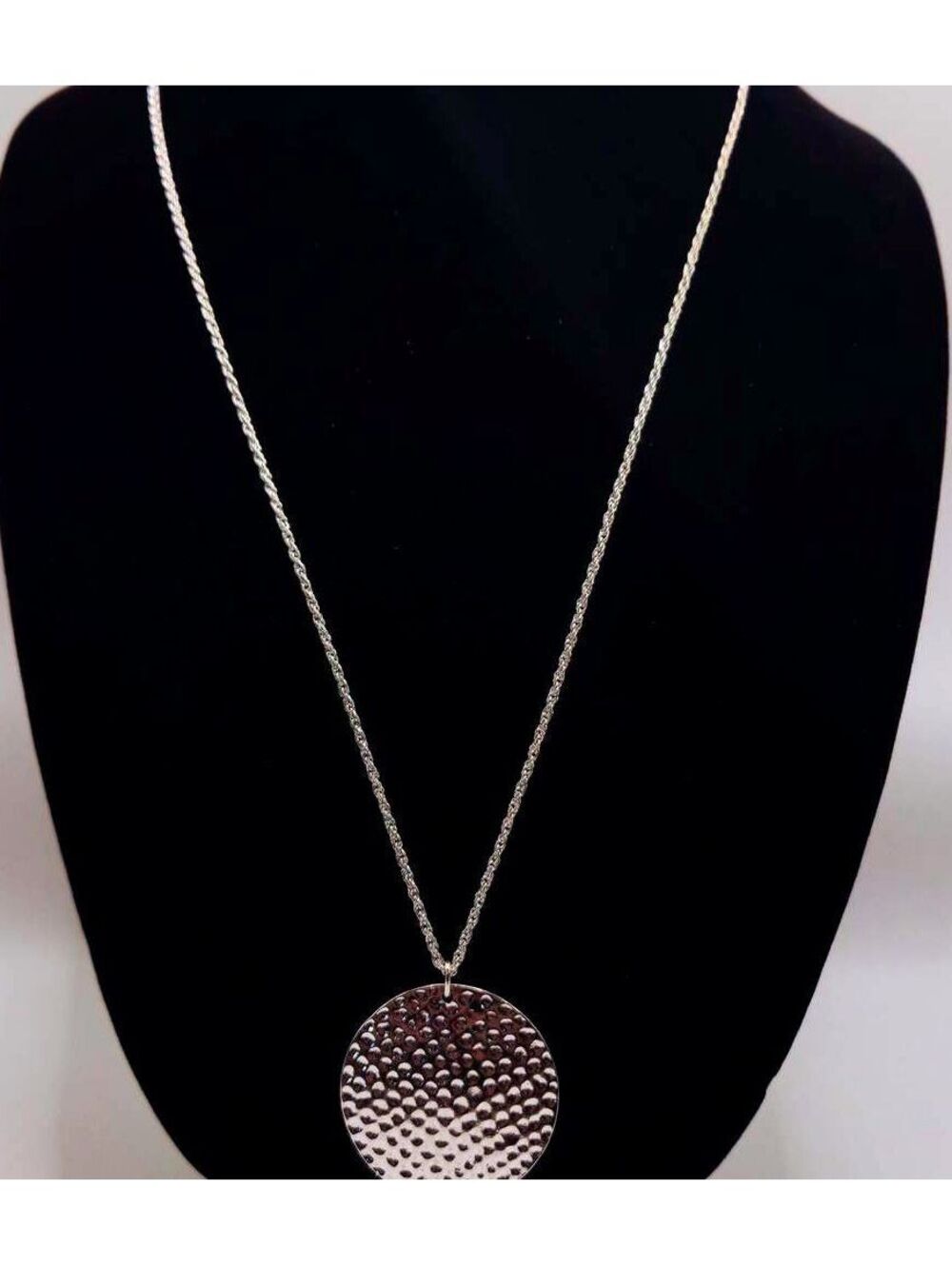 Silver-Tone Hammered Disc Pendant Necklace with Chain Tassel